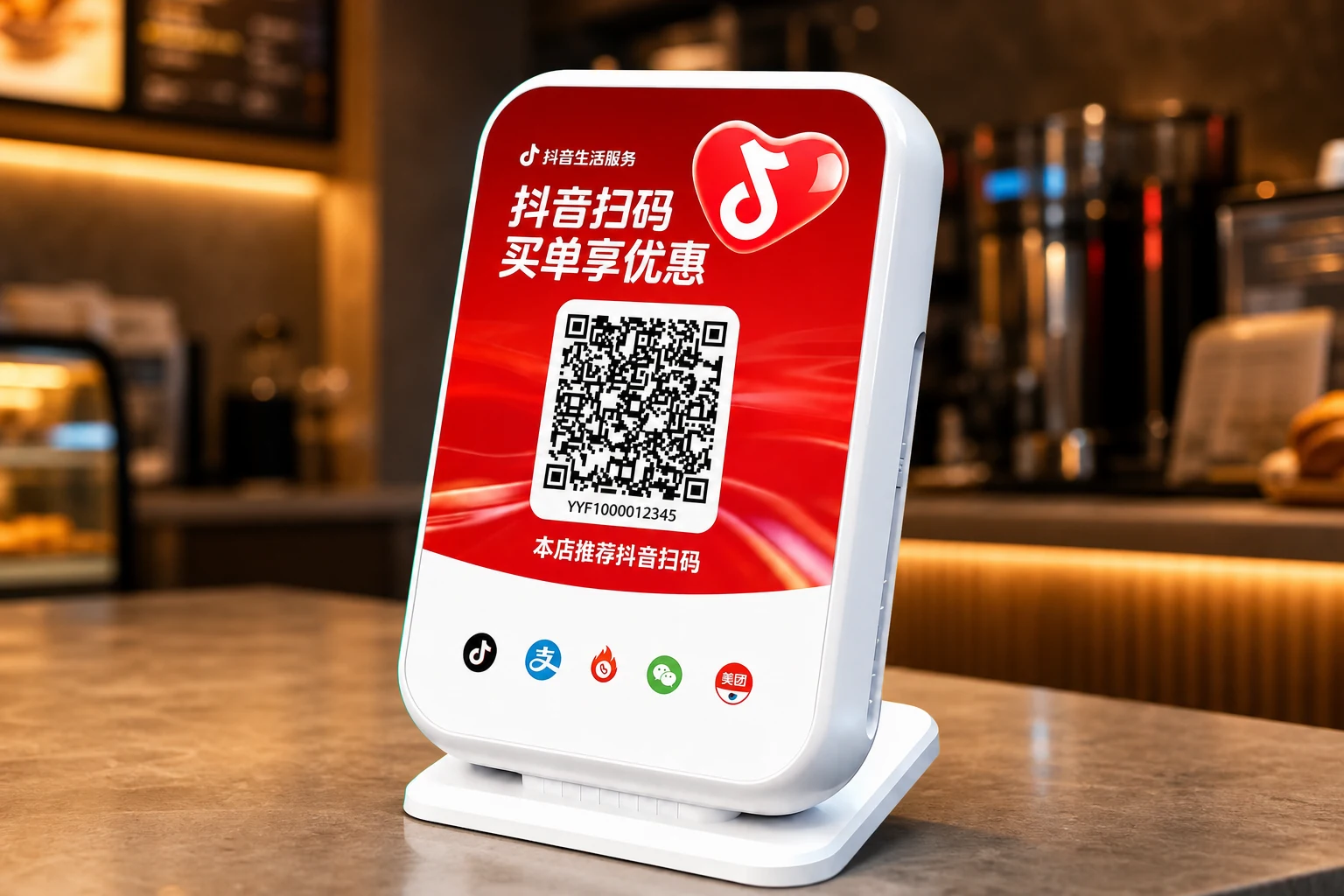 真实白色台式抖音买单设备置于暖色门店收银台